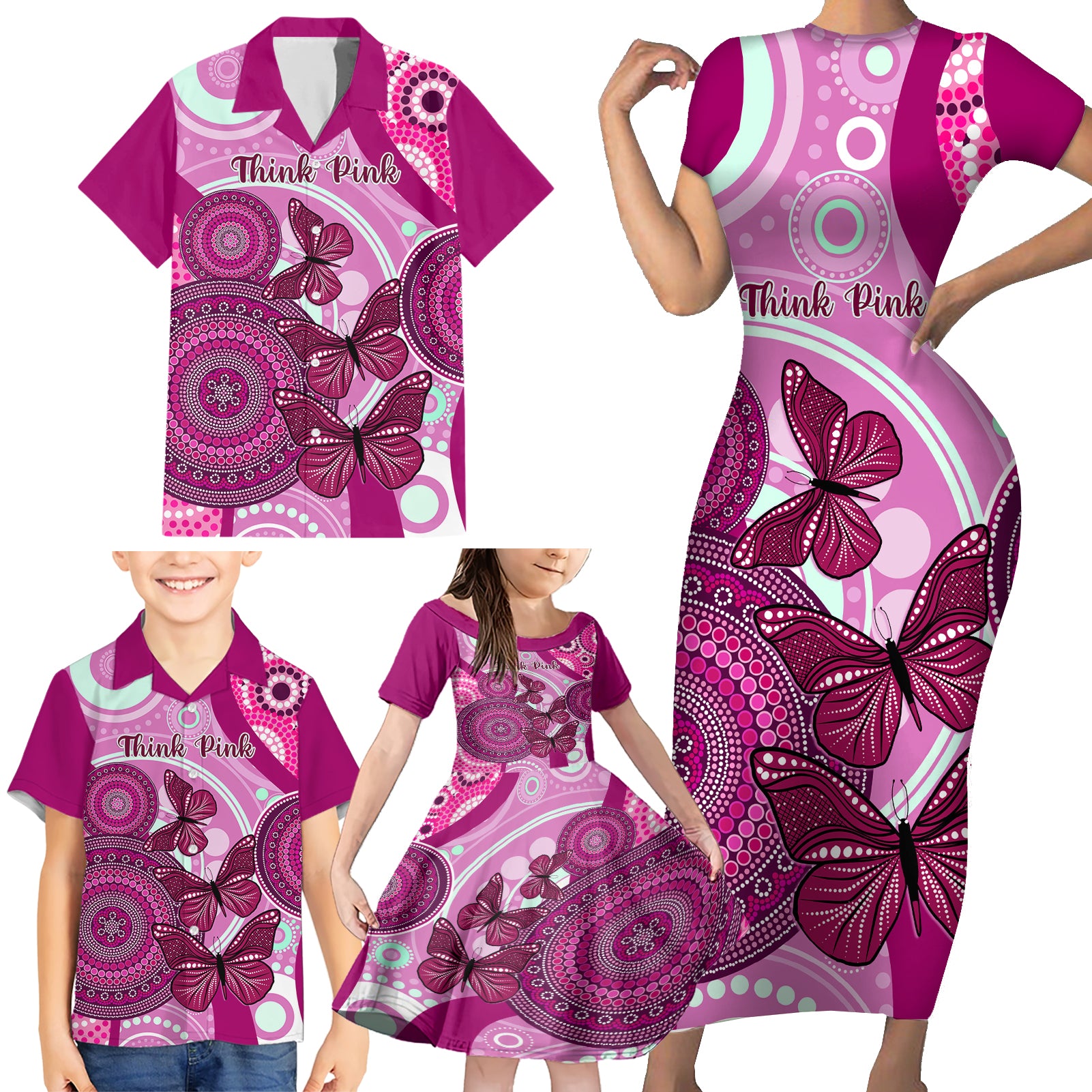 australia-breast-cancer-family-matching-short-sleeve-bodycon-dress-and-hawaiian-shirt-indigenous-butterfly-no-one-fights-alone