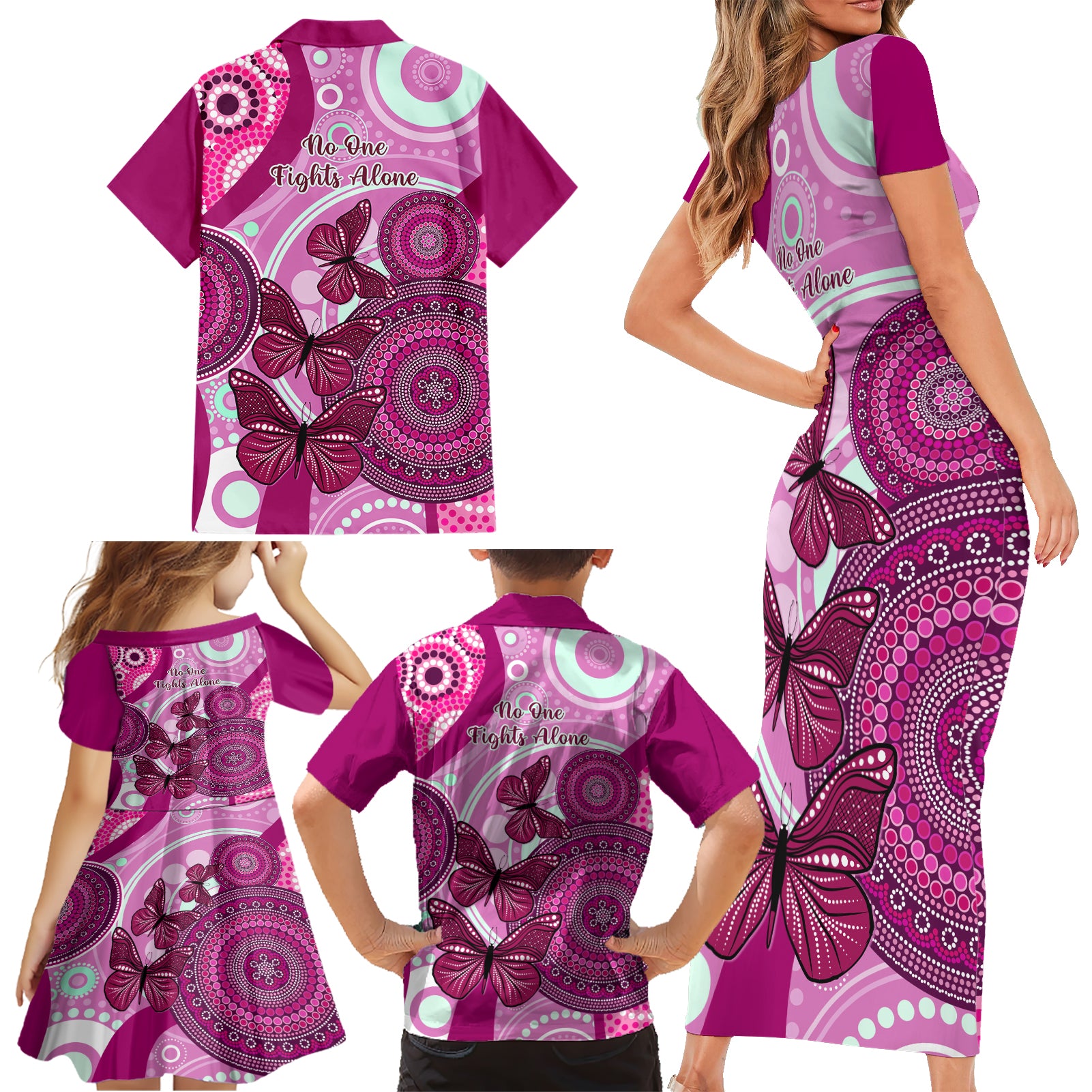 australia-breast-cancer-family-matching-short-sleeve-bodycon-dress-and-hawaiian-shirt-indigenous-butterfly-no-one-fights-alone