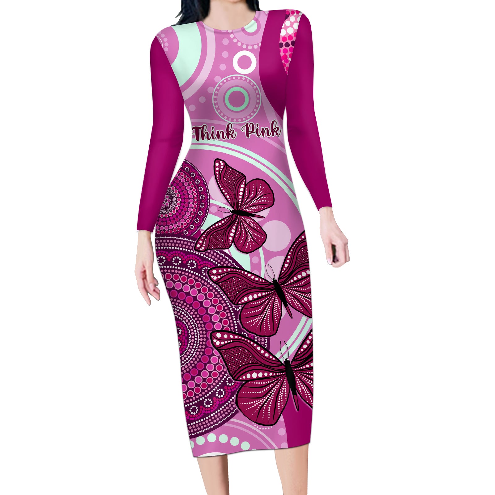 australia-breast-cancer-long-sleeve-bodycon-dress-indigenous-butterfly-no-one-fights-alone