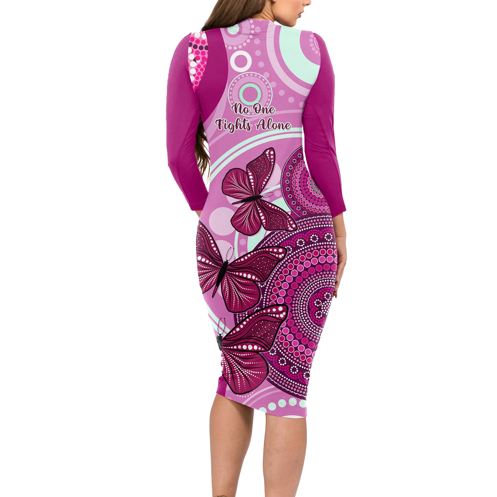 australia-breast-cancer-long-sleeve-bodycon-dress-indigenous-butterfly-no-one-fights-alone