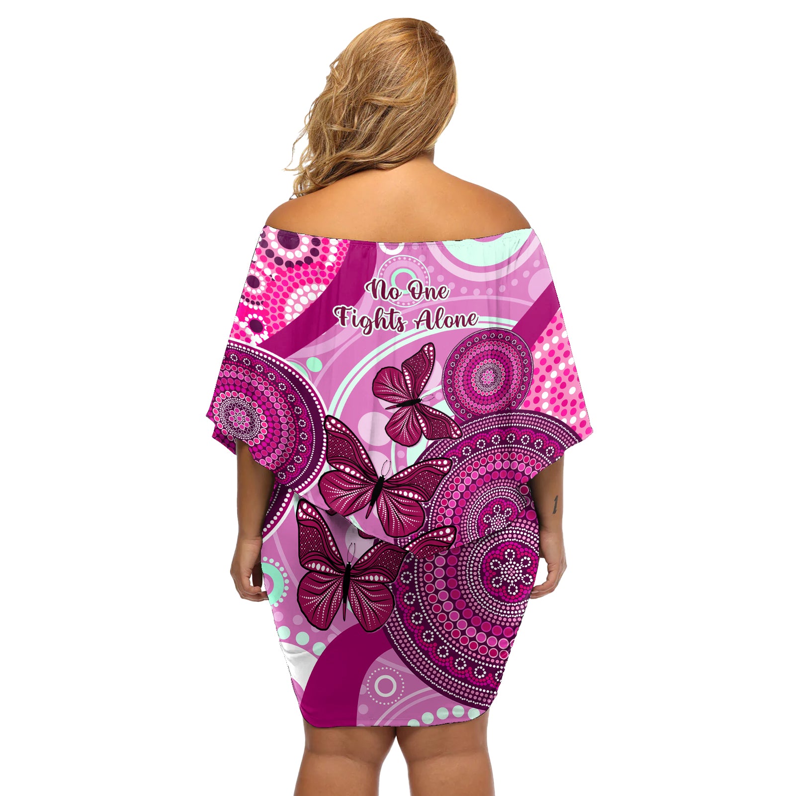 australia-breast-cancer-off-shoulder-short-dress-indigenous-butterfly-no-one-fights-alone