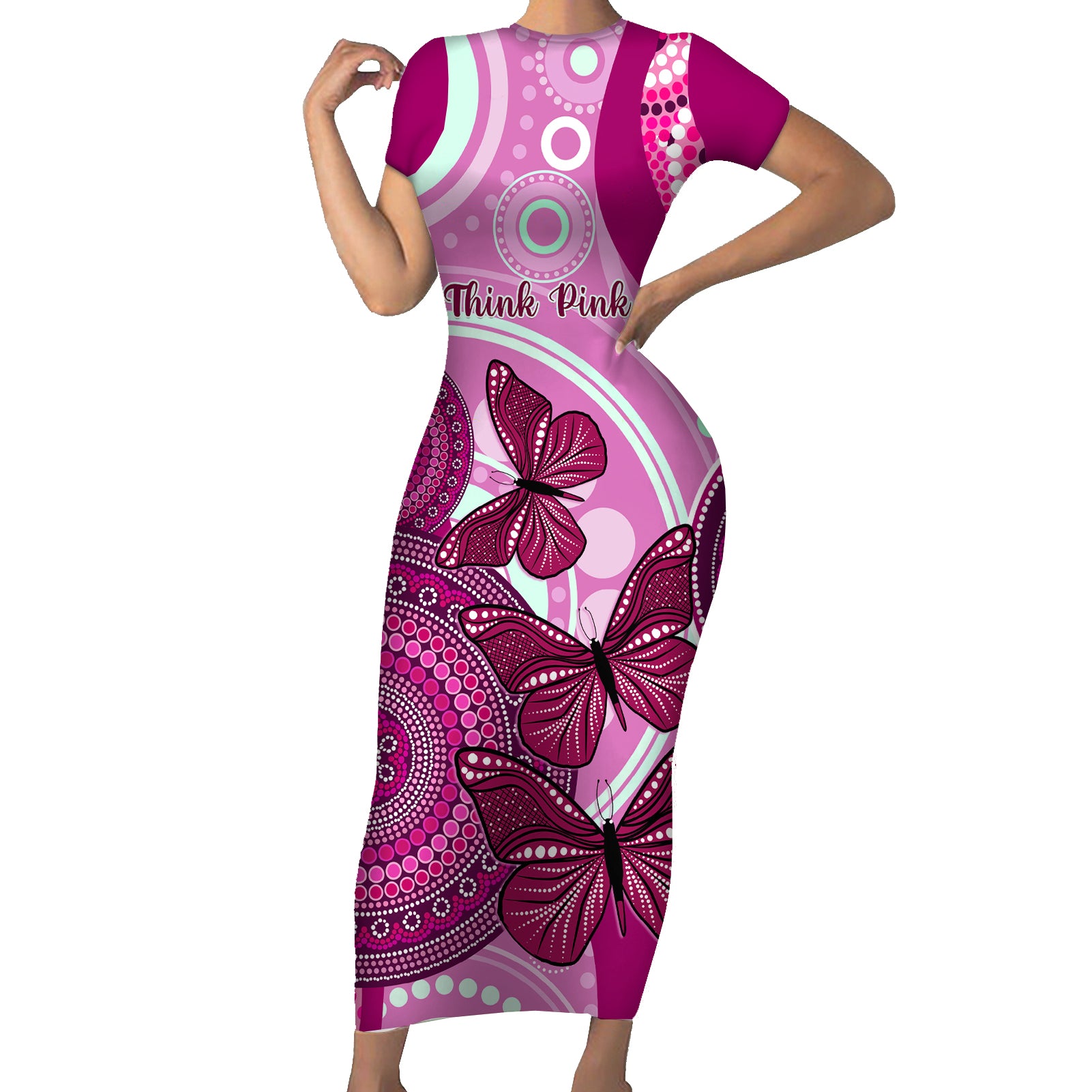 australia-breast-cancer-short-sleeve-bodycon-dress-indigenous-butterfly-no-one-fights-alone