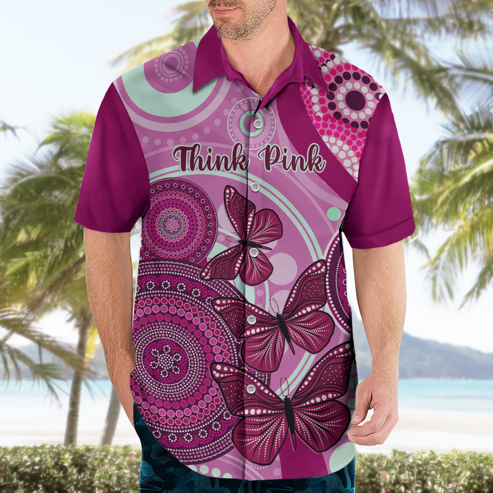 Personalised Australia Breast Cancer Hawaiian Shirt Indigenous Butterfly No One Fights Alone - Vibe Hoodie Shop