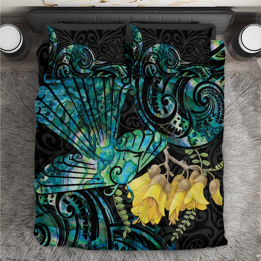 New Zealand Fantail Bird Bedding Set Maori Piwakawaka Kowhai - Paua Shell Pattern - Vibe Hoodie Shop