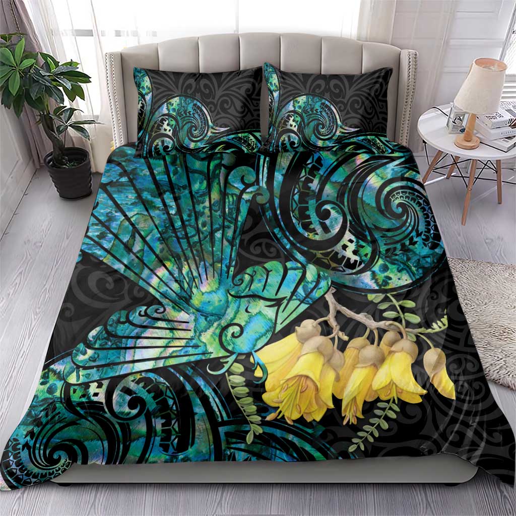 New Zealand Fantail Bird Bedding Set Maori Piwakawaka Kowhai - Paua Shell Pattern - Vibe Hoodie Shop