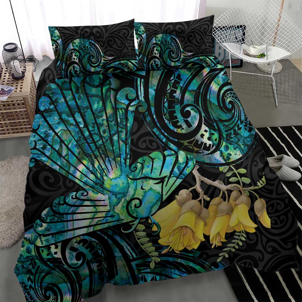 New Zealand Fantail Bird Bedding Set Maori Piwakawaka Kowhai - Paua Shell Pattern - Vibe Hoodie Shop