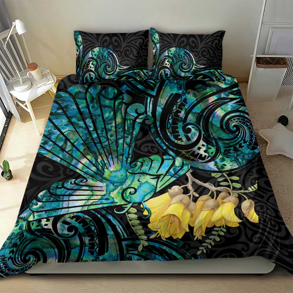 New Zealand Fantail Bird Bedding Set Maori Piwakawaka Kowhai - Paua Shell Pattern - Vibe Hoodie Shop