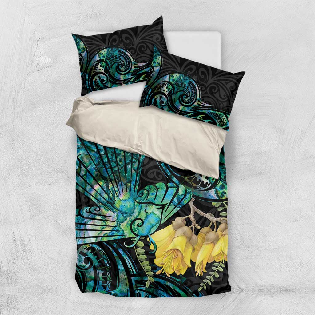 New Zealand Fantail Bird Bedding Set Maori Piwakawaka Kowhai - Paua Shell Pattern - Vibe Hoodie Shop