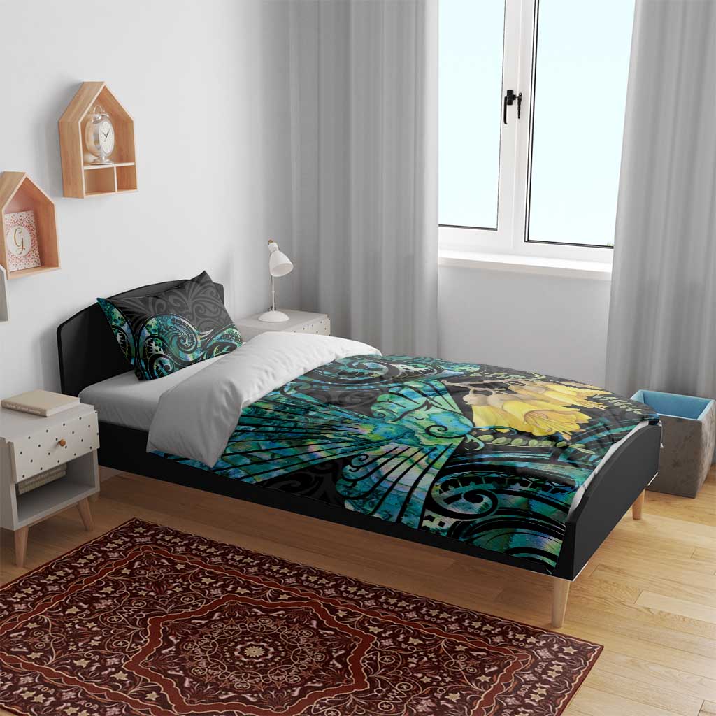 New Zealand Fantail Bird Bedding Set Maori Piwakawaka Kowhai - Paua Shell Pattern - Vibe Hoodie Shop