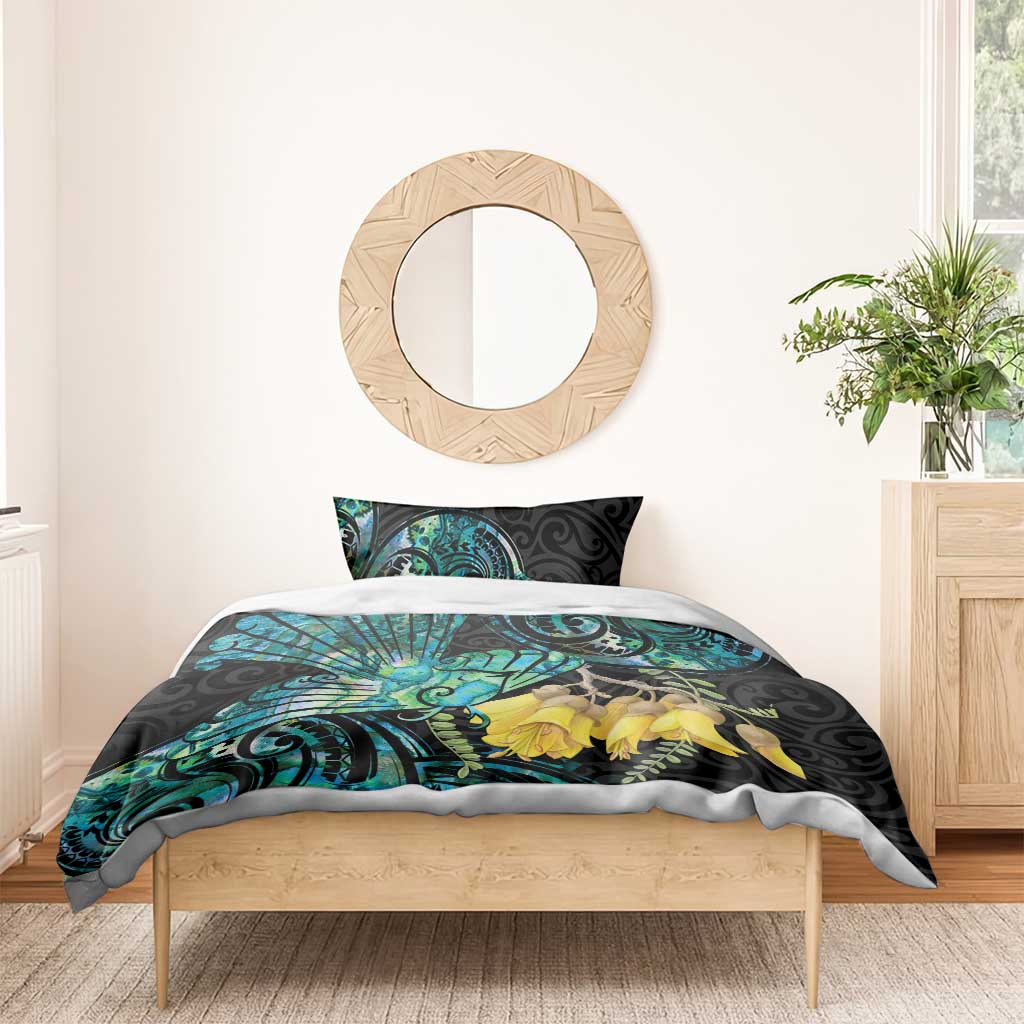 New Zealand Fantail Bird Bedding Set Maori Piwakawaka Kowhai - Paua Shell Pattern - Vibe Hoodie Shop