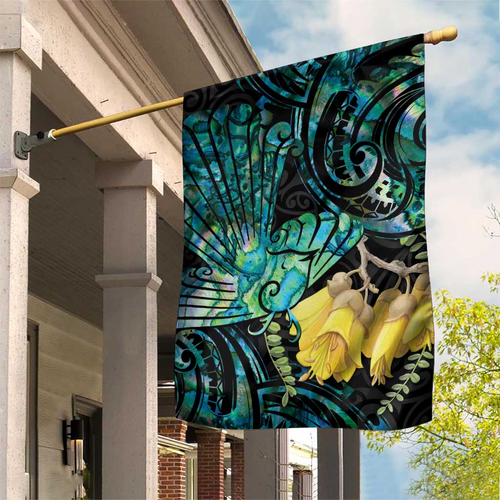 New Zealand Fantail Bird Garden Flag Maori Piwakawaka Kowhai - Paua Shell Pattern - Vibe Hoodie Shop
