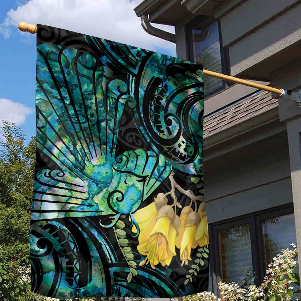 New Zealand Fantail Bird Garden Flag Maori Piwakawaka Kowhai - Paua Shell Pattern - Vibe Hoodie Shop