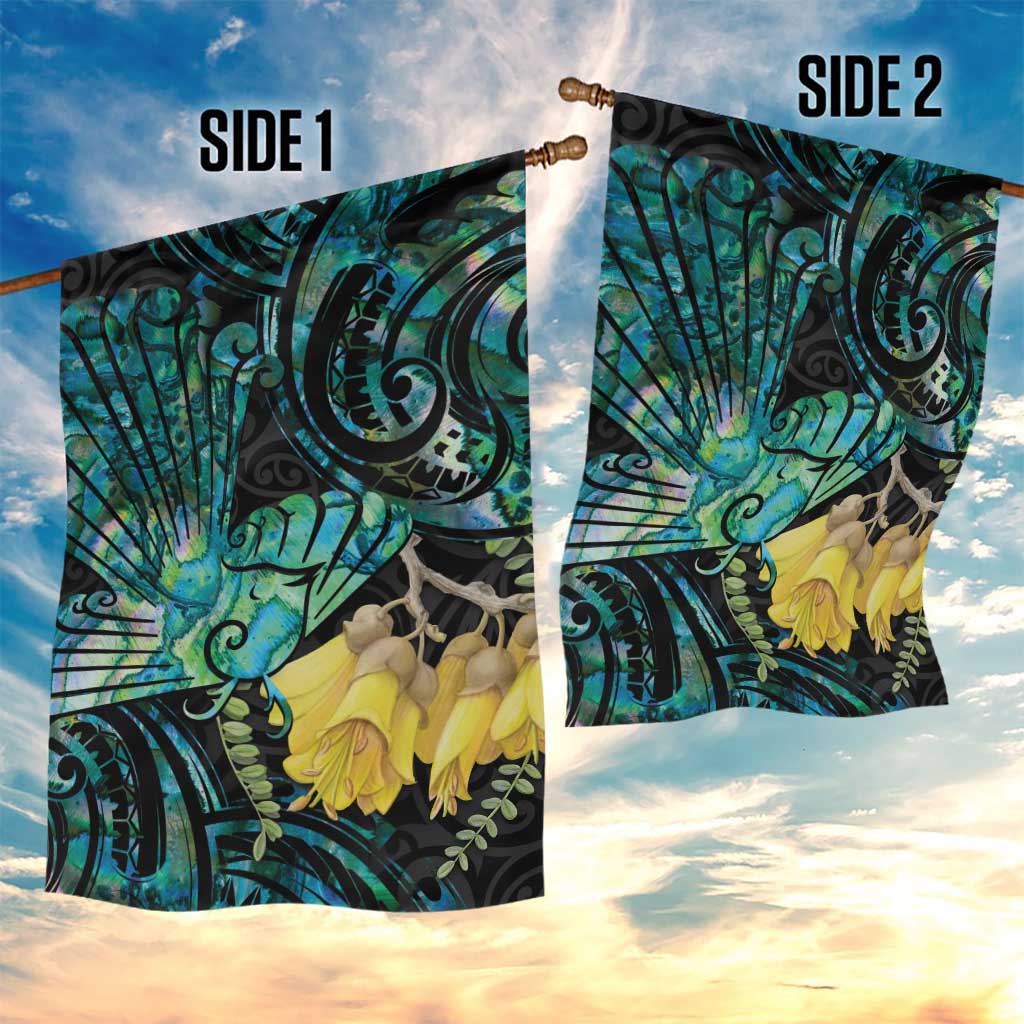 New Zealand Fantail Bird Garden Flag Maori Piwakawaka Kowhai - Paua Shell Pattern - Vibe Hoodie Shop
