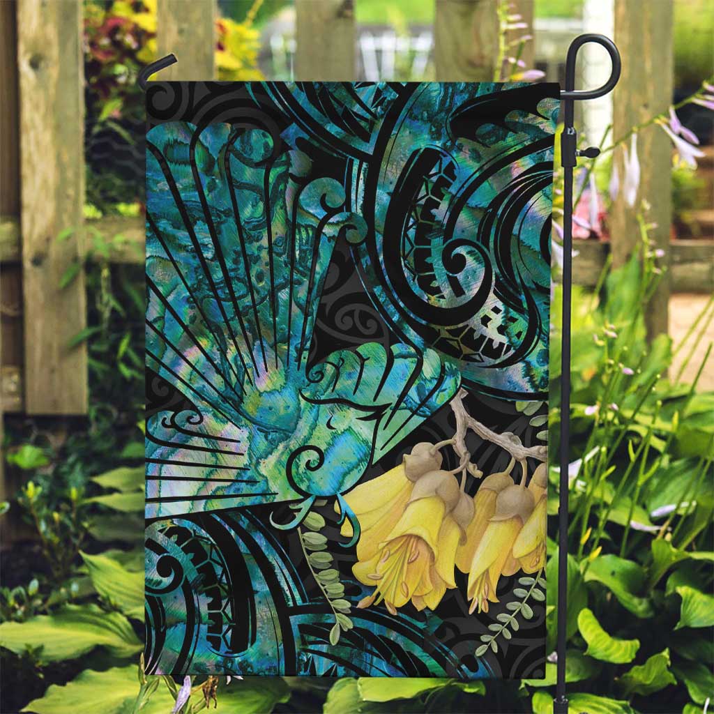 New Zealand Fantail Bird Garden Flag Maori Piwakawaka Kowhai - Paua Shell Pattern - Vibe Hoodie Shop