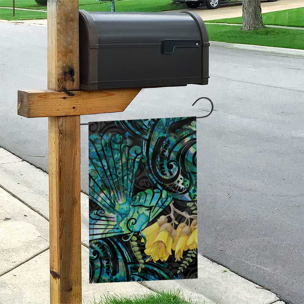 New Zealand Fantail Bird Garden Flag Maori Piwakawaka Kowhai - Paua Shell Pattern - Vibe Hoodie Shop