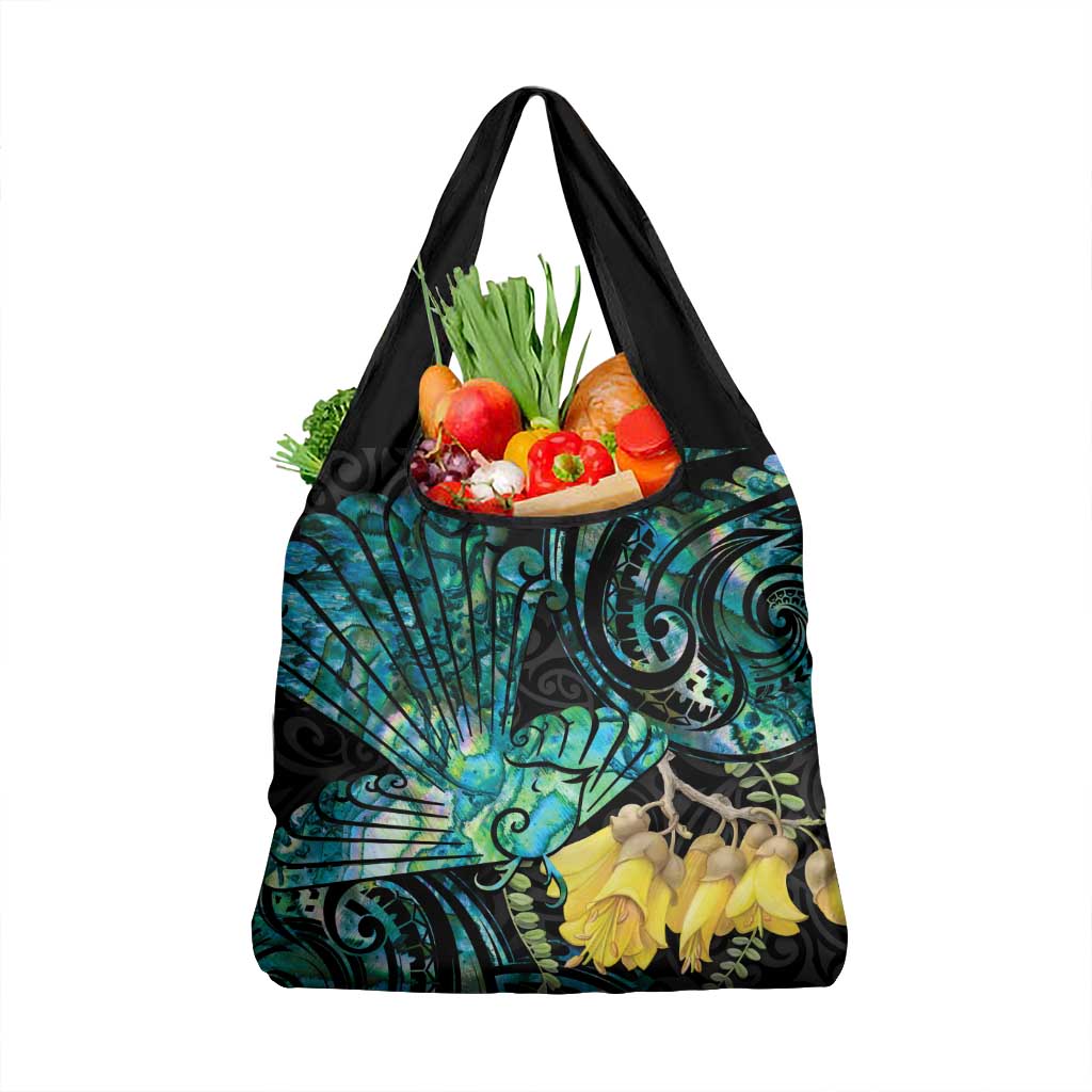 New Zealand Fantail Bird Grocery Bag Maori Piwakawaka Kowhai - Paua Shell Pattern