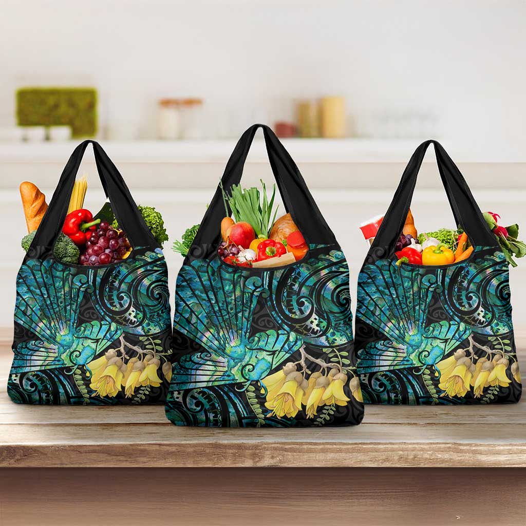 New Zealand Fantail Bird Grocery Bag Maori Piwakawaka Kowhai - Paua Shell Pattern