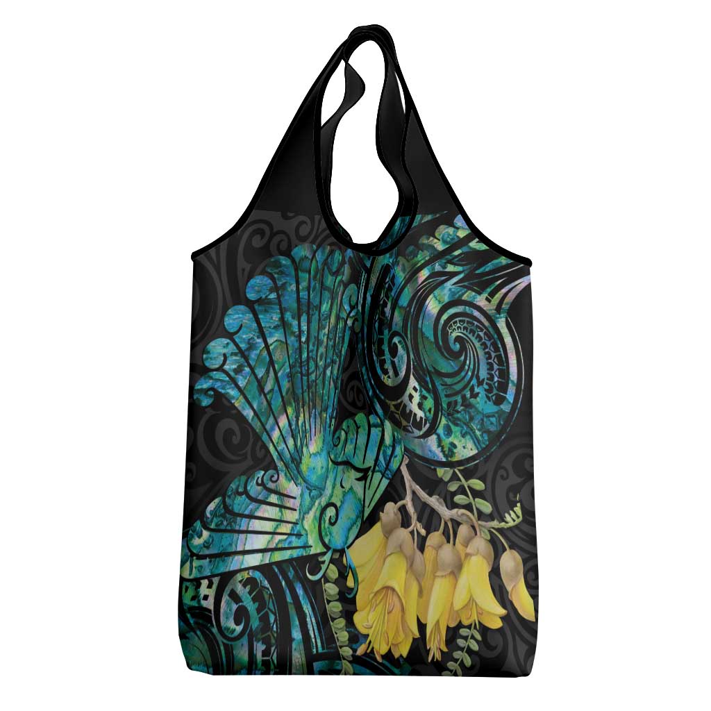 New Zealand Fantail Bird Grocery Bag Maori Piwakawaka Kowhai - Paua Shell Pattern