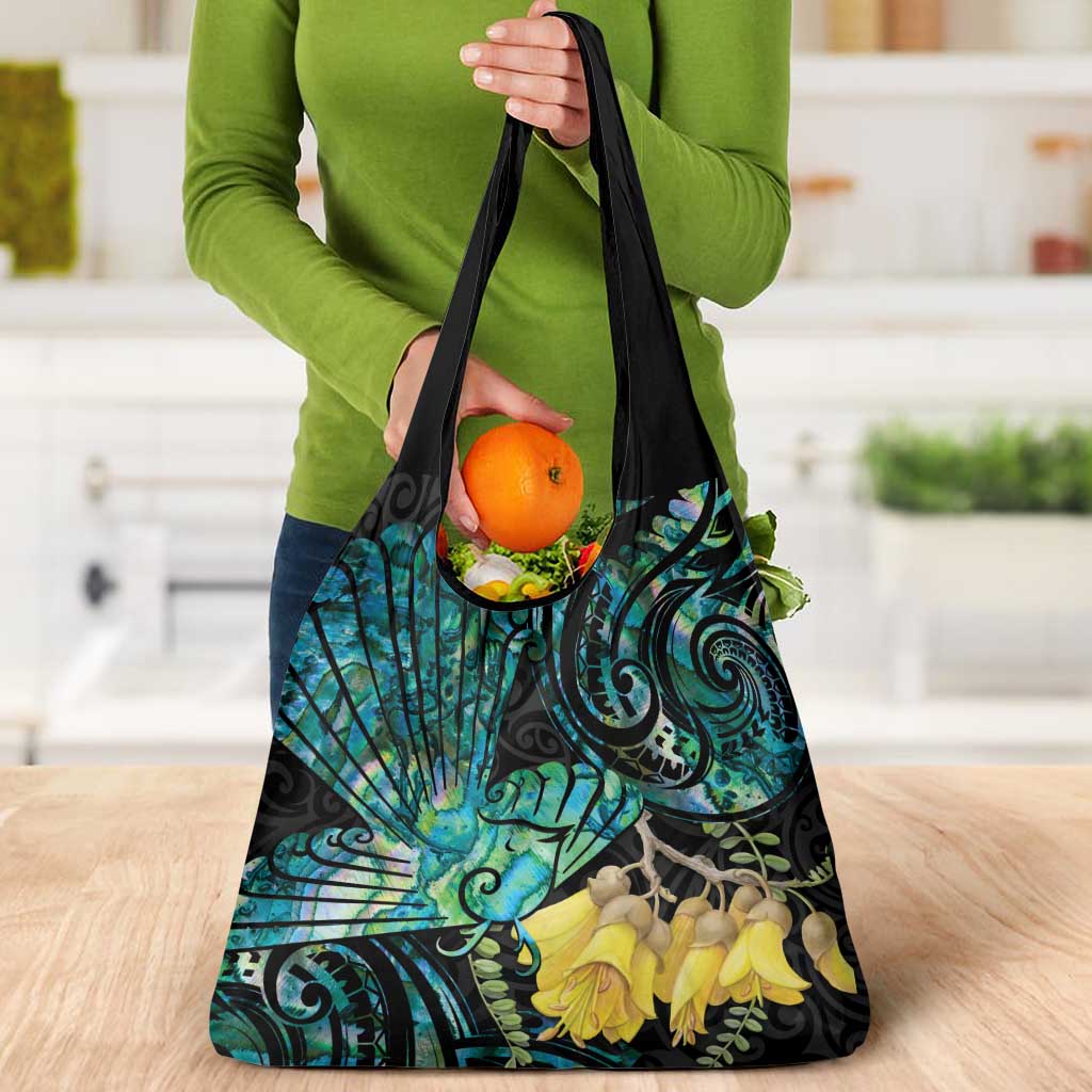 New Zealand Fantail Bird Grocery Bag Maori Piwakawaka Kowhai - Paua Shell Pattern