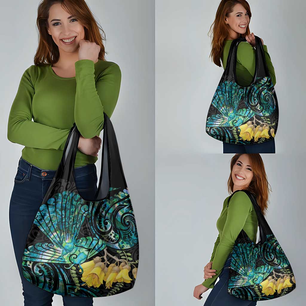 New Zealand Fantail Bird Grocery Bag Maori Piwakawaka Kowhai - Paua Shell Pattern