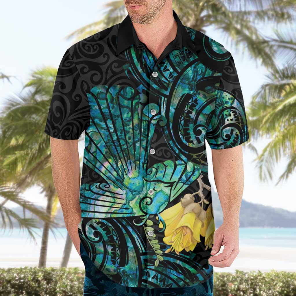 New Zealand Fantail Bird Hawaiian Shirt Maori Piwakawaka Kowhai - Paua Shell Pattern - Vibe Hoodie Shop