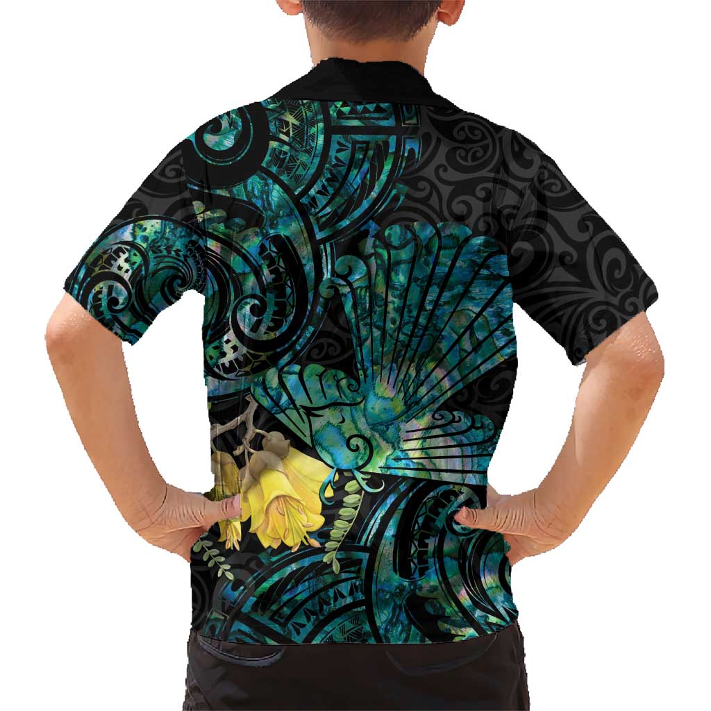 New Zealand Fantail Bird Hawaiian Shirt Maori Piwakawaka Kowhai - Paua Shell Pattern - Vibe Hoodie Shop