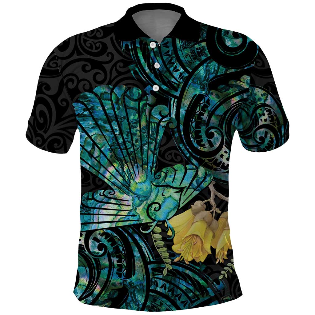 New Zealand Fantail Bird Polo Shirt Maori Piwakawaka Kowhai - Paua Shell Pattern - Vibe Hoodie Shop