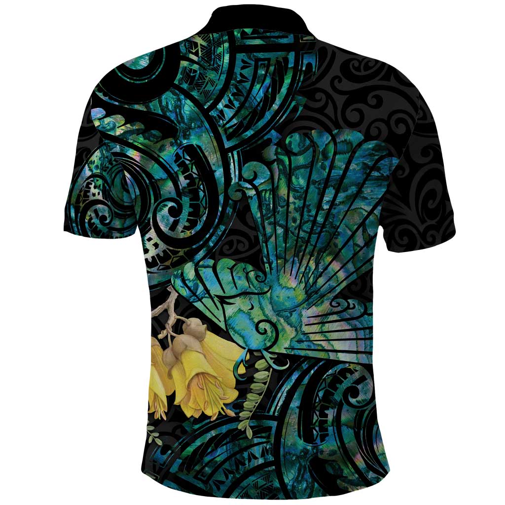New Zealand Fantail Bird Polo Shirt Maori Piwakawaka Kowhai - Paua Shell Pattern - Vibe Hoodie Shop