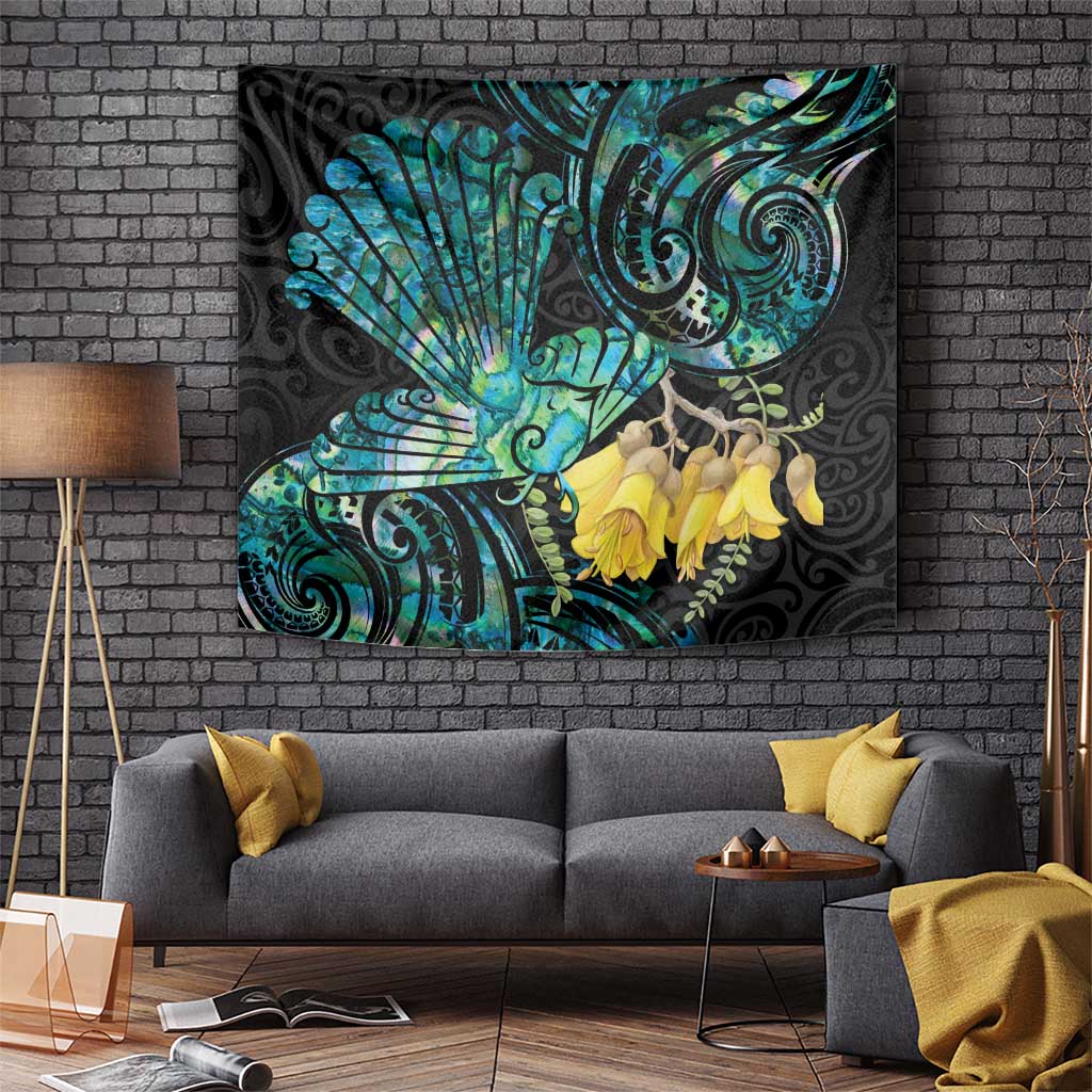 New Zealand Fantail Bird Tapestry Maori Piwakawaka Kowhai - Paua Shell Pattern - Vibe Hoodie Shop