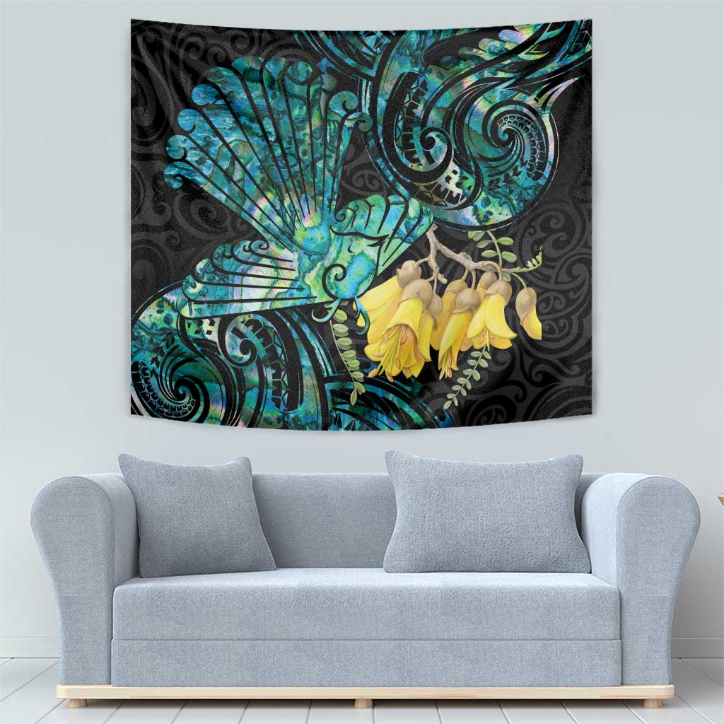 New Zealand Fantail Bird Tapestry Maori Piwakawaka Kowhai - Paua Shell Pattern - Vibe Hoodie Shop