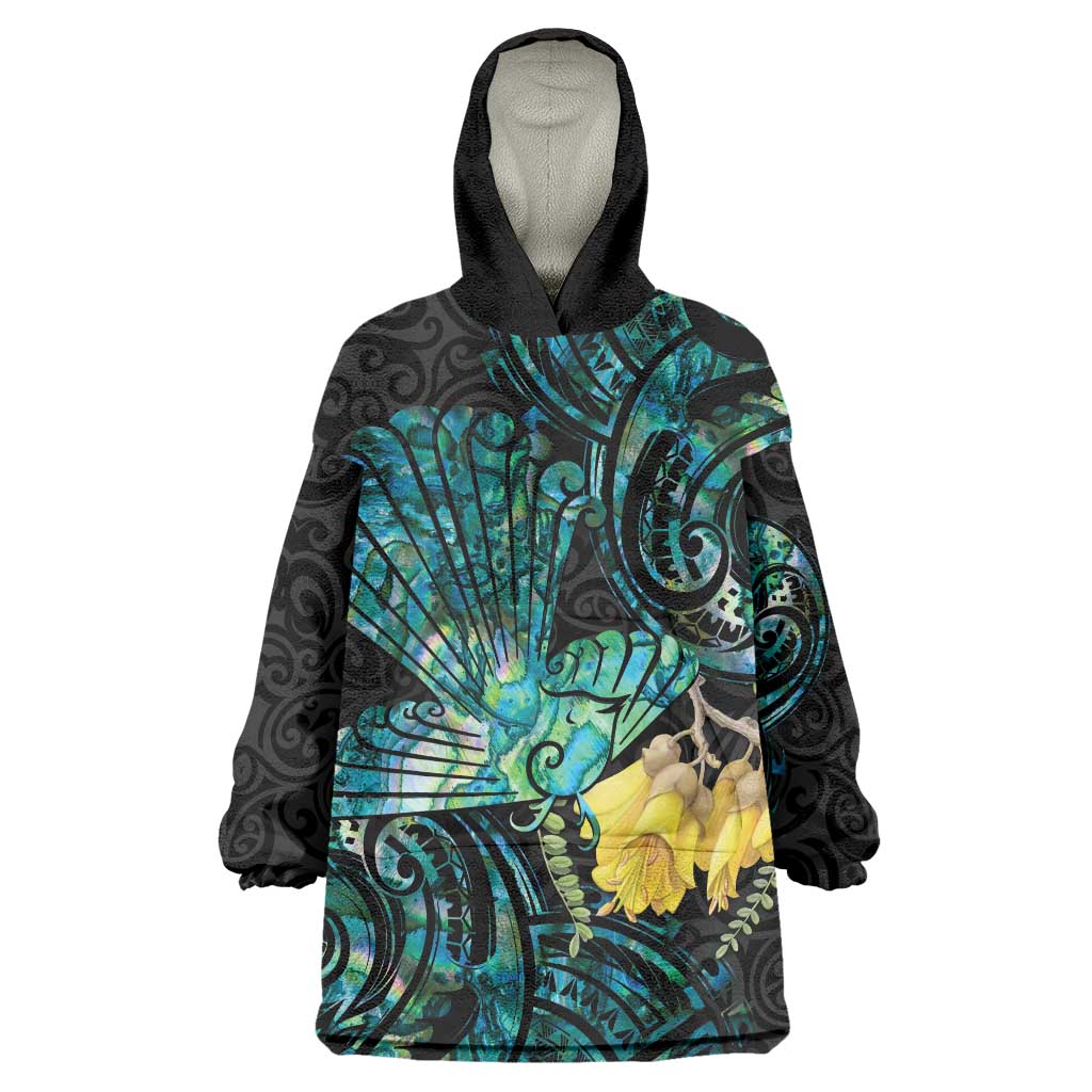 New Zealand Fantail Bird Wearable Blanket Hoodie Maori Piwakawaka Kowhai - Paua Shell Pattern - Vibe Hoodie Shop