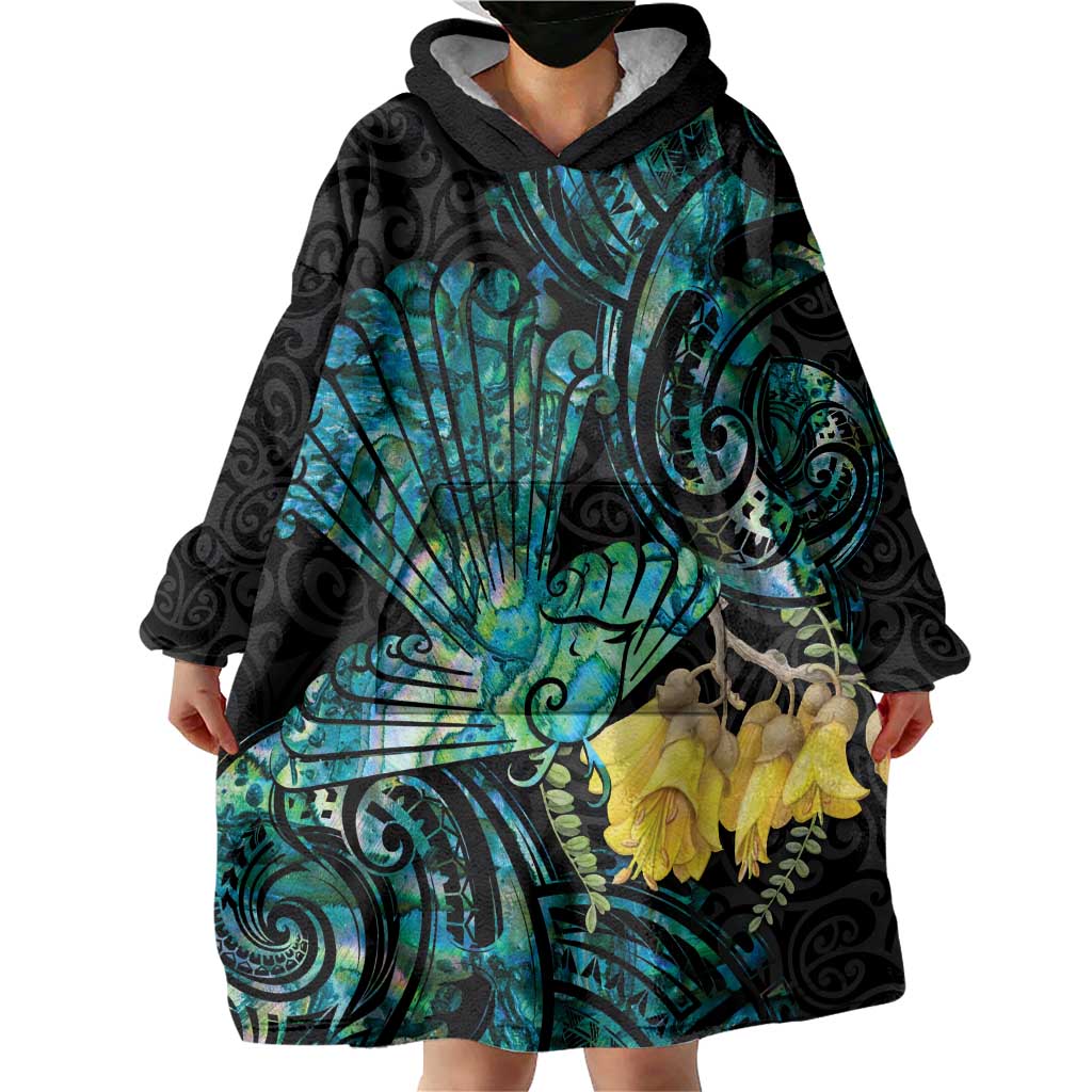 New Zealand Fantail Bird Wearable Blanket Hoodie Maori Piwakawaka Kowhai - Paua Shell Pattern - Vibe Hoodie Shop