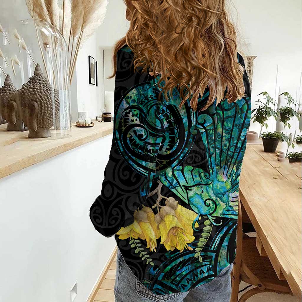 New Zealand Fantail Bird Women Casual Shirt Maori Piwakawaka Kowhai - Paua Shell Pattern - Vibe Hoodie Shop