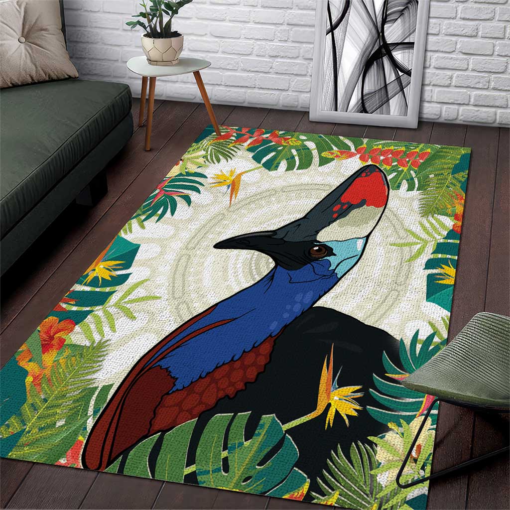 Cassowary Australia Area Rug Tropical Flowers Mix Aboriginal Art - Vibe Hoodie Shop