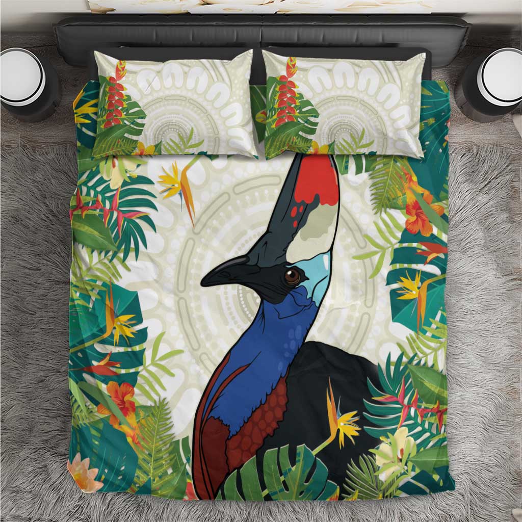 Cassowary Australia Bedding Set Tropical Flowers Mix Aboriginal Art - Vibe Hoodie Shop