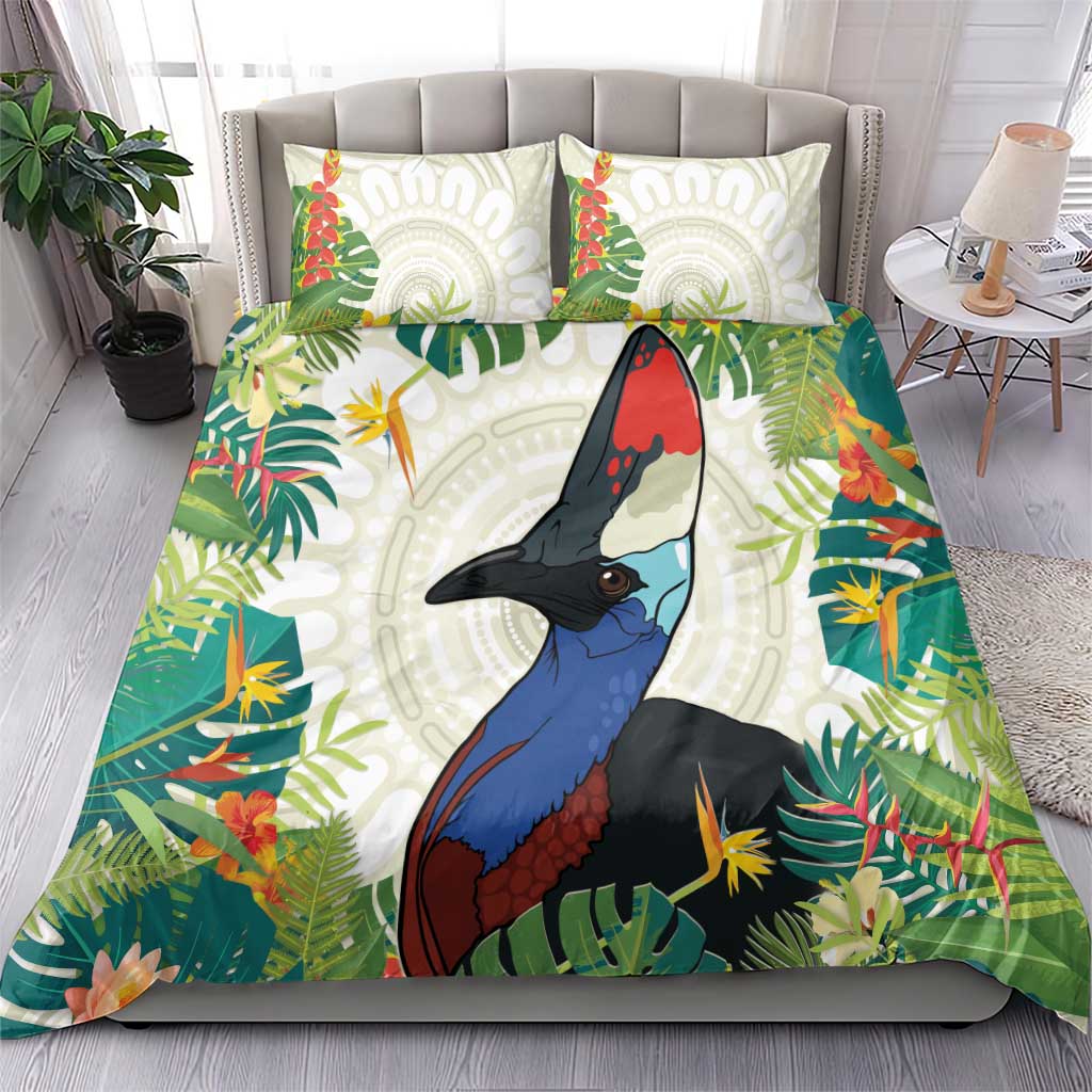 Cassowary Australia Bedding Set Tropical Flowers Mix Aboriginal Art - Vibe Hoodie Shop