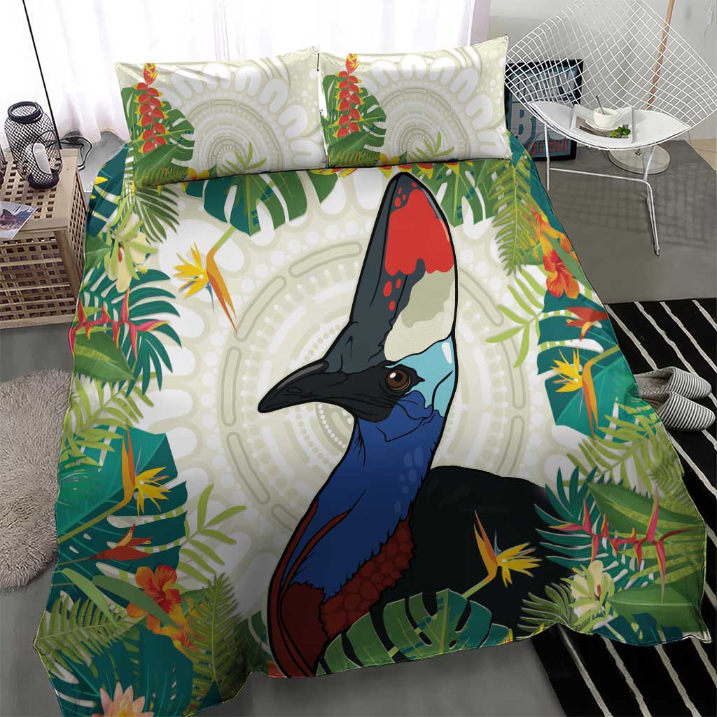 Cassowary Australia Bedding Set Tropical Flowers Mix Aboriginal Art - Vibe Hoodie Shop