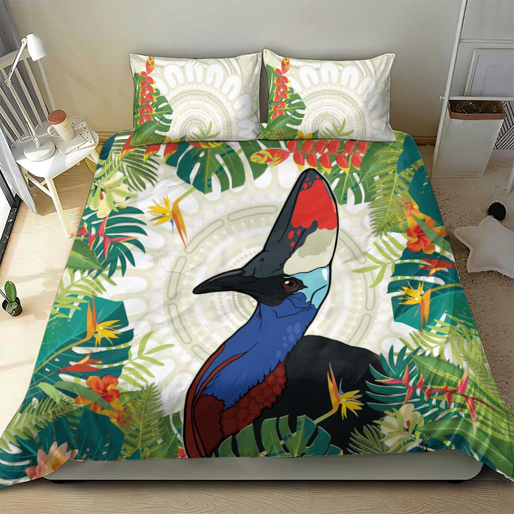 Cassowary Australia Bedding Set Tropical Flowers Mix Aboriginal Art - Vibe Hoodie Shop