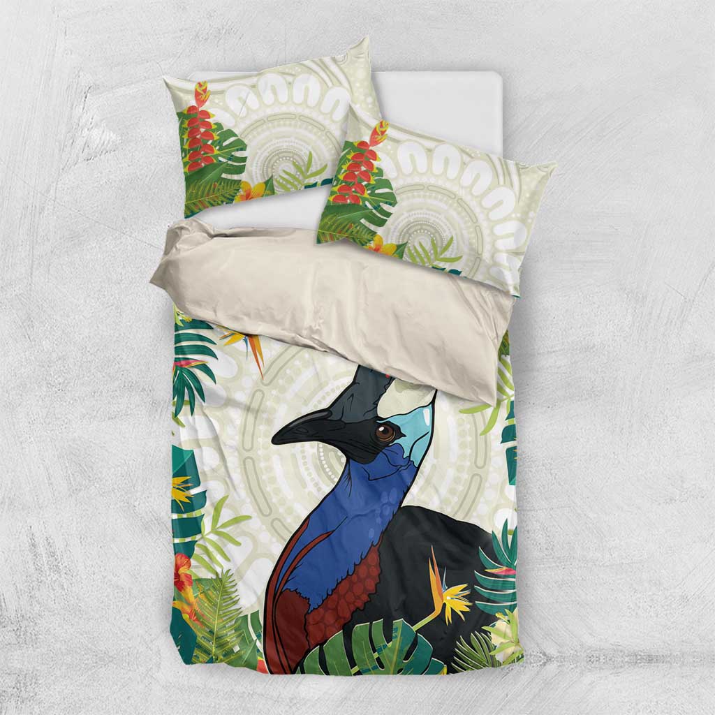 Cassowary Australia Bedding Set Tropical Flowers Mix Aboriginal Art - Vibe Hoodie Shop