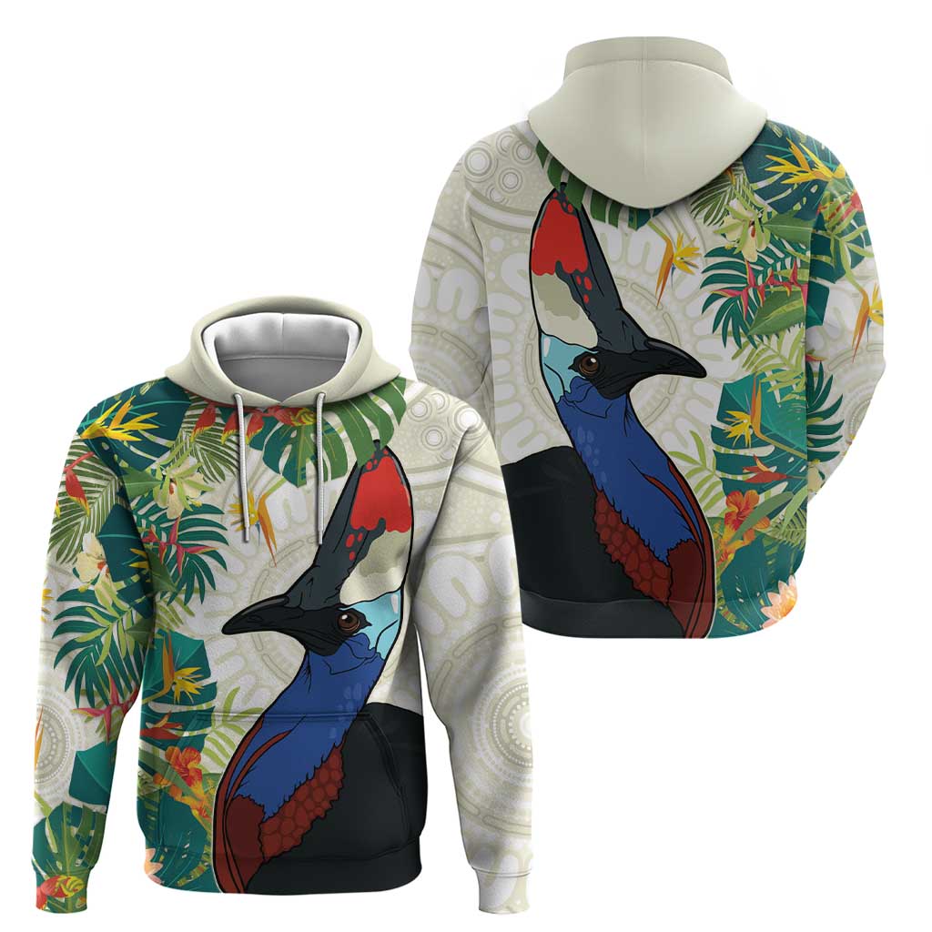 Cassowary Australia Hoodie Tropical Flowers Mix Aboriginal Art - Vibe Hoodie Shop