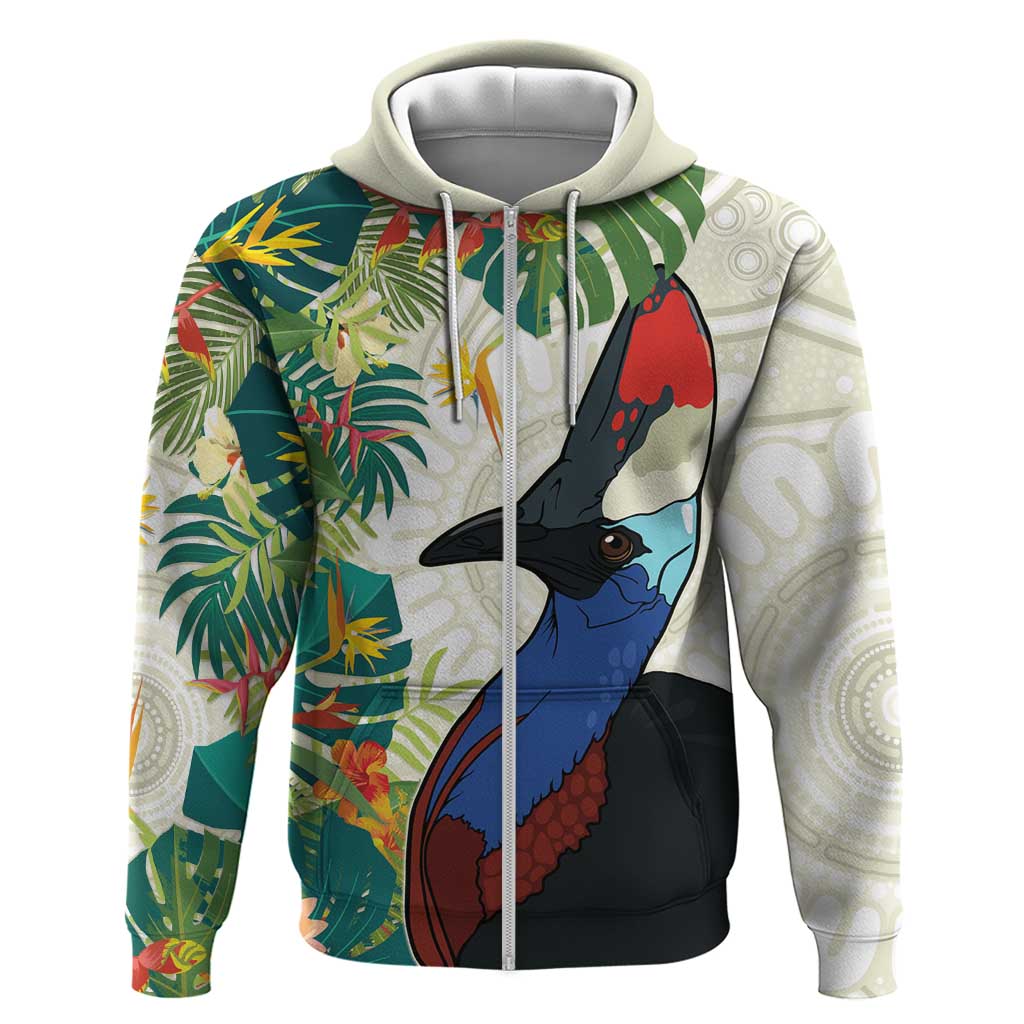 Cassowary Australia Hoodie Tropical Flowers Mix Aboriginal Art - Vibe Hoodie Shop