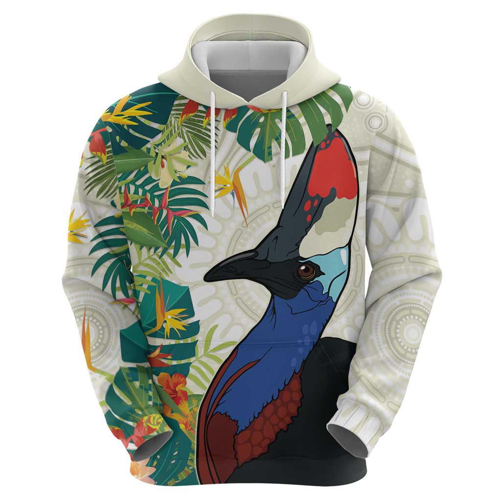 Cassowary Australia Hoodie Tropical Flowers Mix Aboriginal Art - Vibe Hoodie Shop