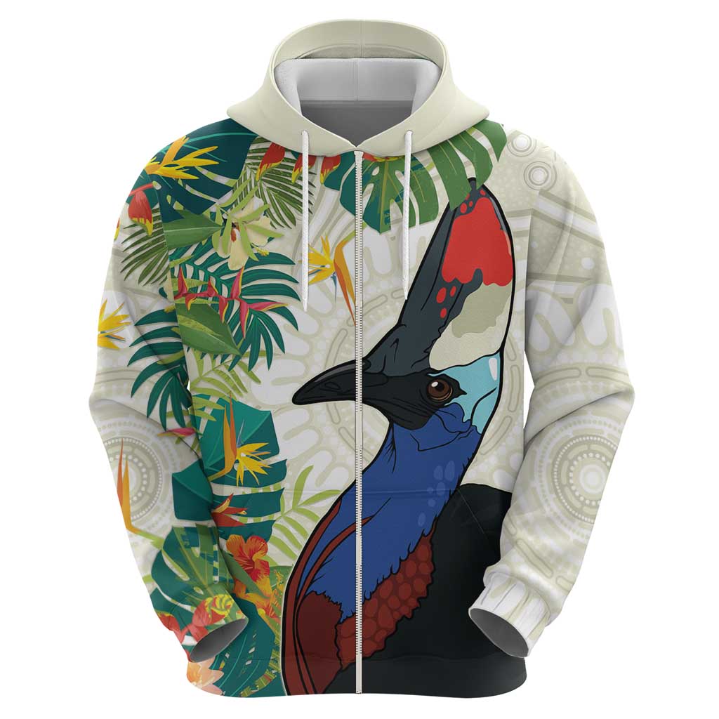 Cassowary Australia Hoodie Tropical Flowers Mix Aboriginal Art - Vibe Hoodie Shop