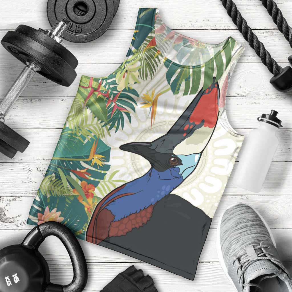 Cassowary Australia Men Tank Top Tropical Flowers Mix Aboriginal Art - Vibe Hoodie Shop