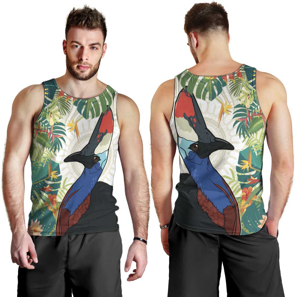 Cassowary Australia Men Tank Top Tropical Flowers Mix Aboriginal Art - Vibe Hoodie Shop