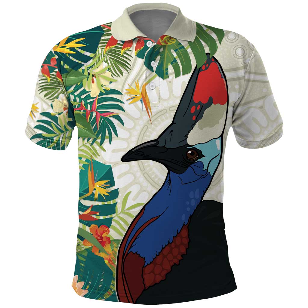 Cassowary Australia Polo Shirt Tropical Flowers Mix Aboriginal Art - Vibe Hoodie Shop