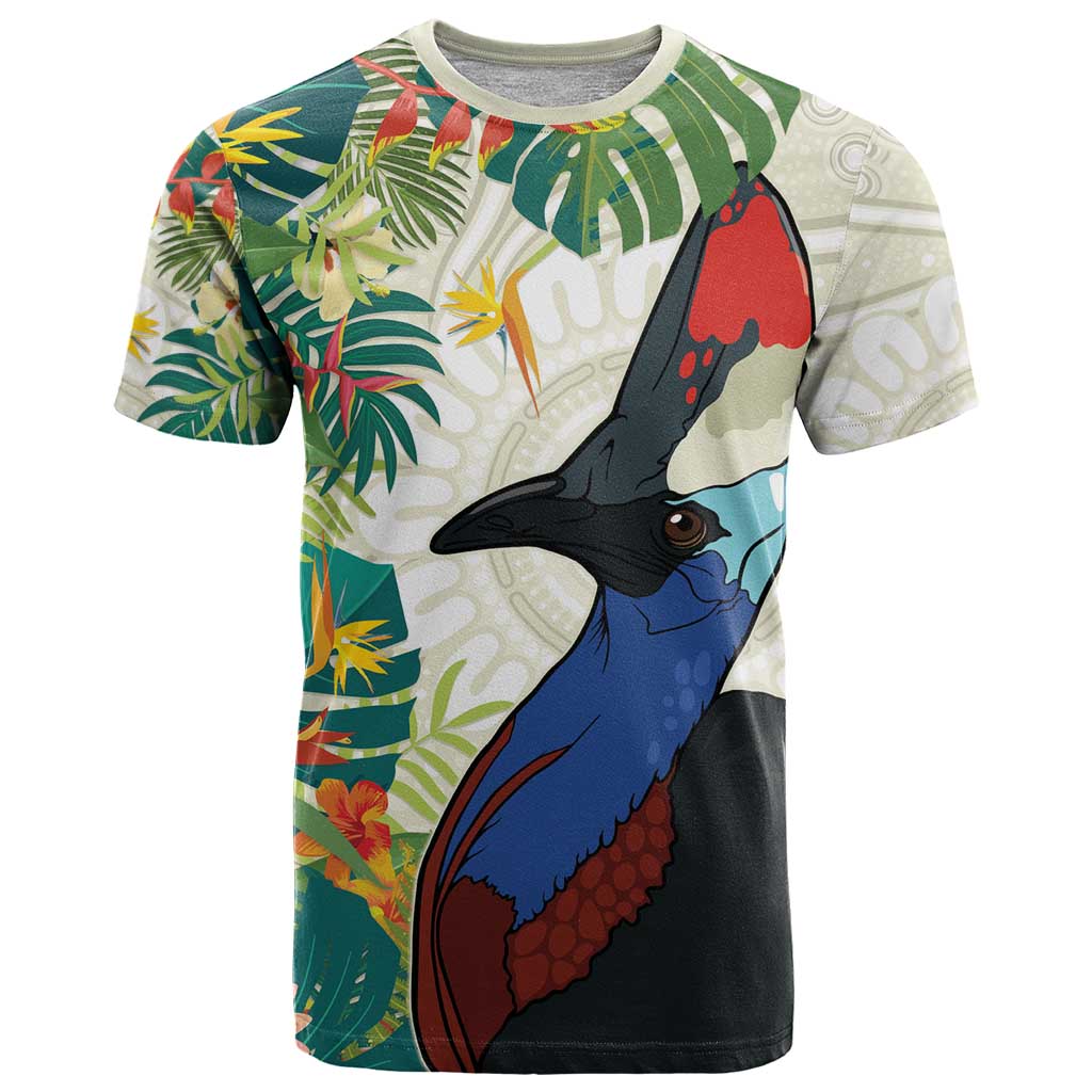 Cassowary Australia T Shirt Tropical Flowers Mix Aboriginal Art - Vibe Hoodie Shop