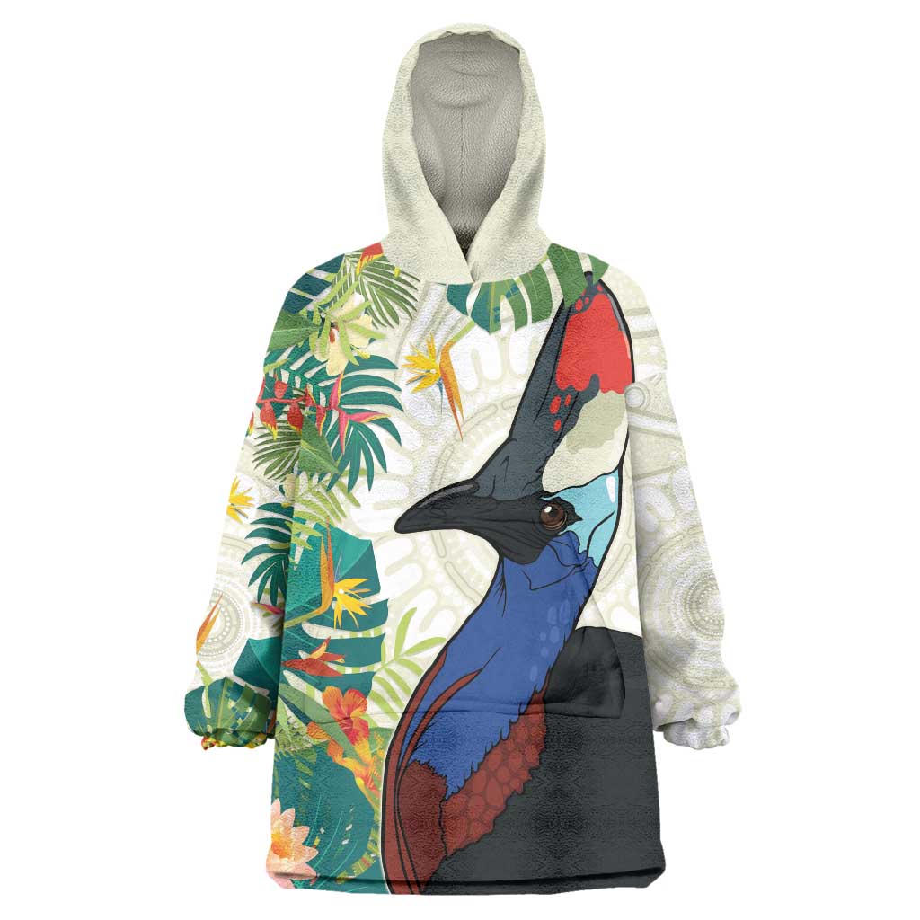 Cassowary Australia Wearable Blanket Hoodie Tropical Flowers Mix Aboriginal Art - Vibe Hoodie Shop