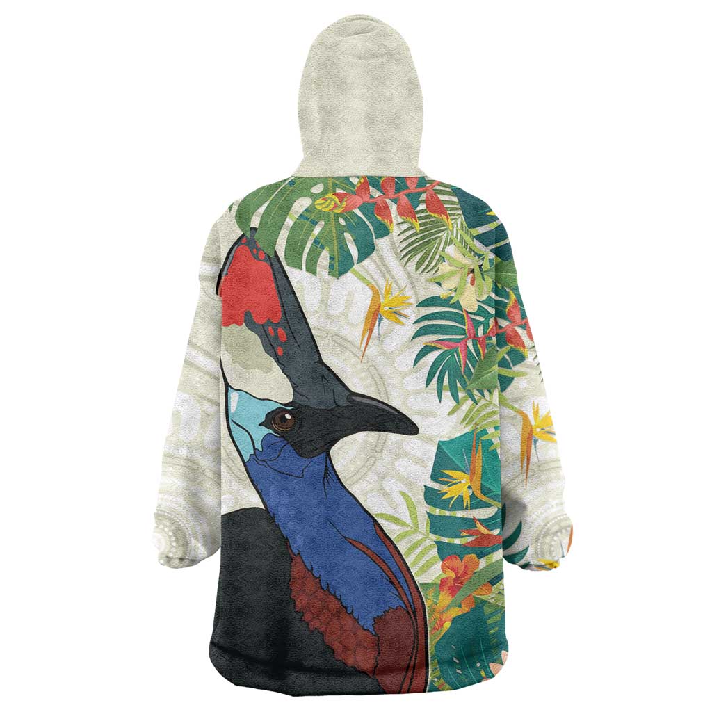 Cassowary Australia Wearable Blanket Hoodie Tropical Flowers Mix Aboriginal Art - Vibe Hoodie Shop