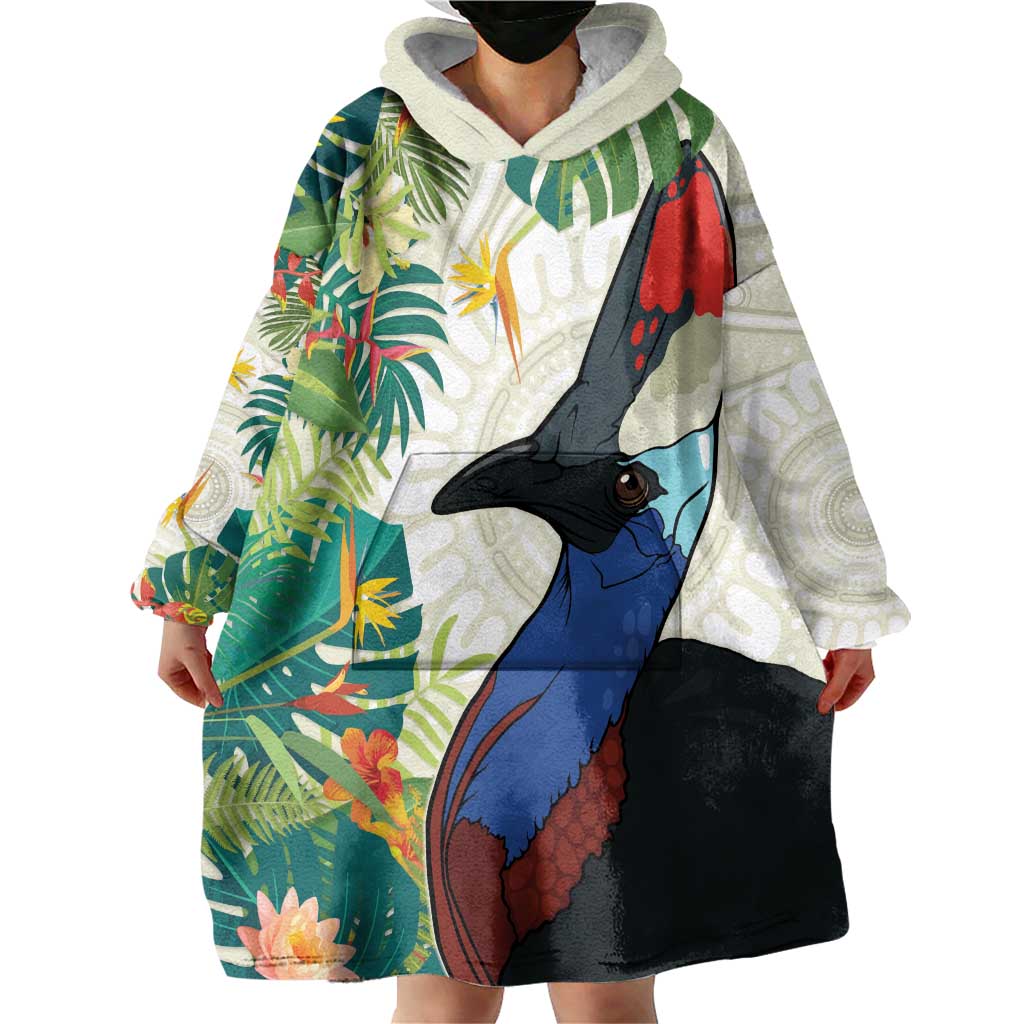 Cassowary Australia Wearable Blanket Hoodie Tropical Flowers Mix Aboriginal Art - Vibe Hoodie Shop